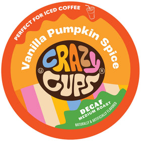 Crazy Cups decaf vanilla pumpkin spice pod front view for flavorful at-home brewing.