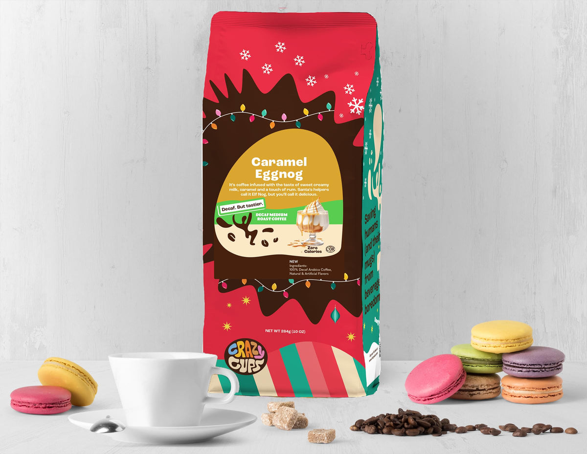 Crazy Cups decaf White Christmas coffee bag showing smooth seasonal notes