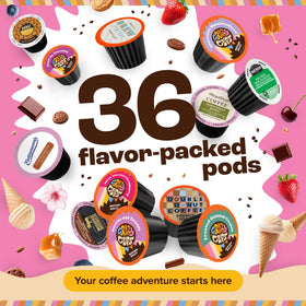 Crazy Cups flavored coffee pods close-up showing assorted flavors for home brewing.