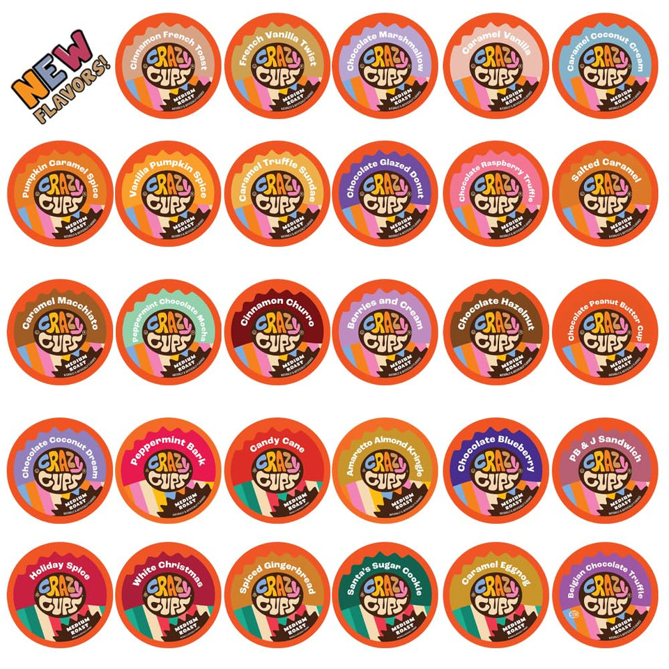 Crazy Cups flavored coffee pods variety pack on shelf, ideal for trying new flavors.