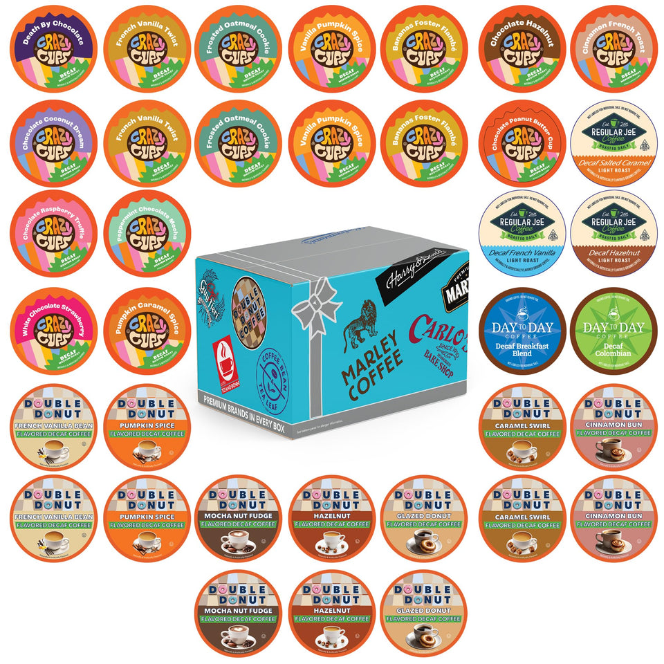 Crazy Cups flavored decaf coffee pods variety pack in a 36-count box for tastings.