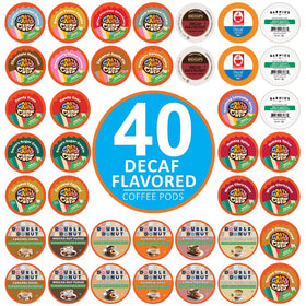 Crazy Cups flavored decaf coffee pods 40-count variety pack on kitchen counter for cozy mornings.