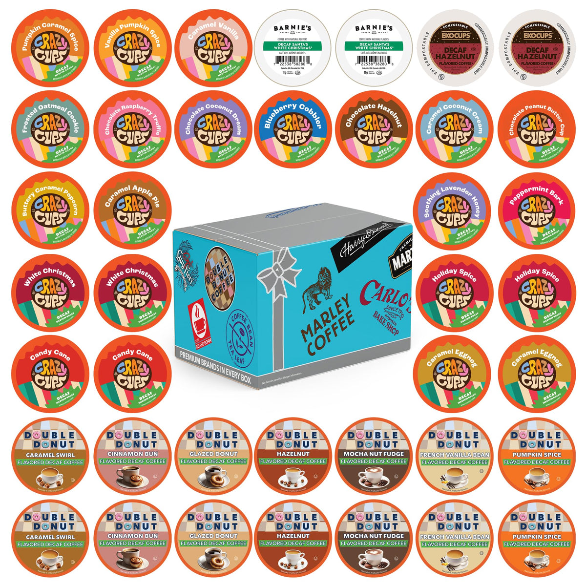 Crazy Cups flavored decaf variety pack box for tasting a wide decaf lineup