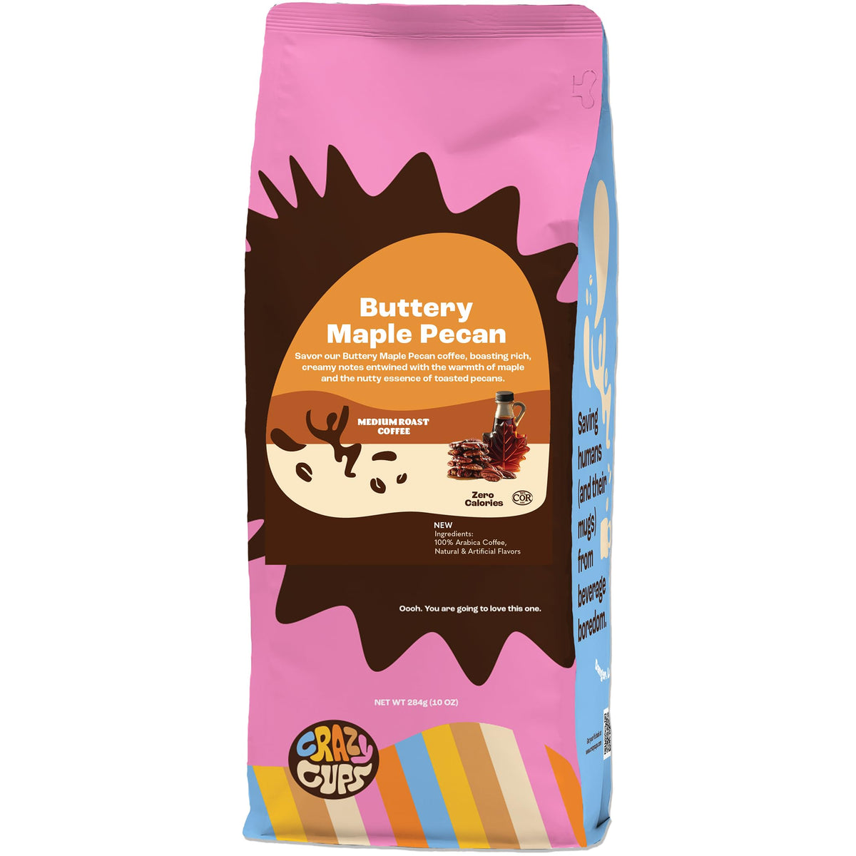 Crazy Cups flavored ground coffee with buttery maple pecan pour aroma for cozy mornings