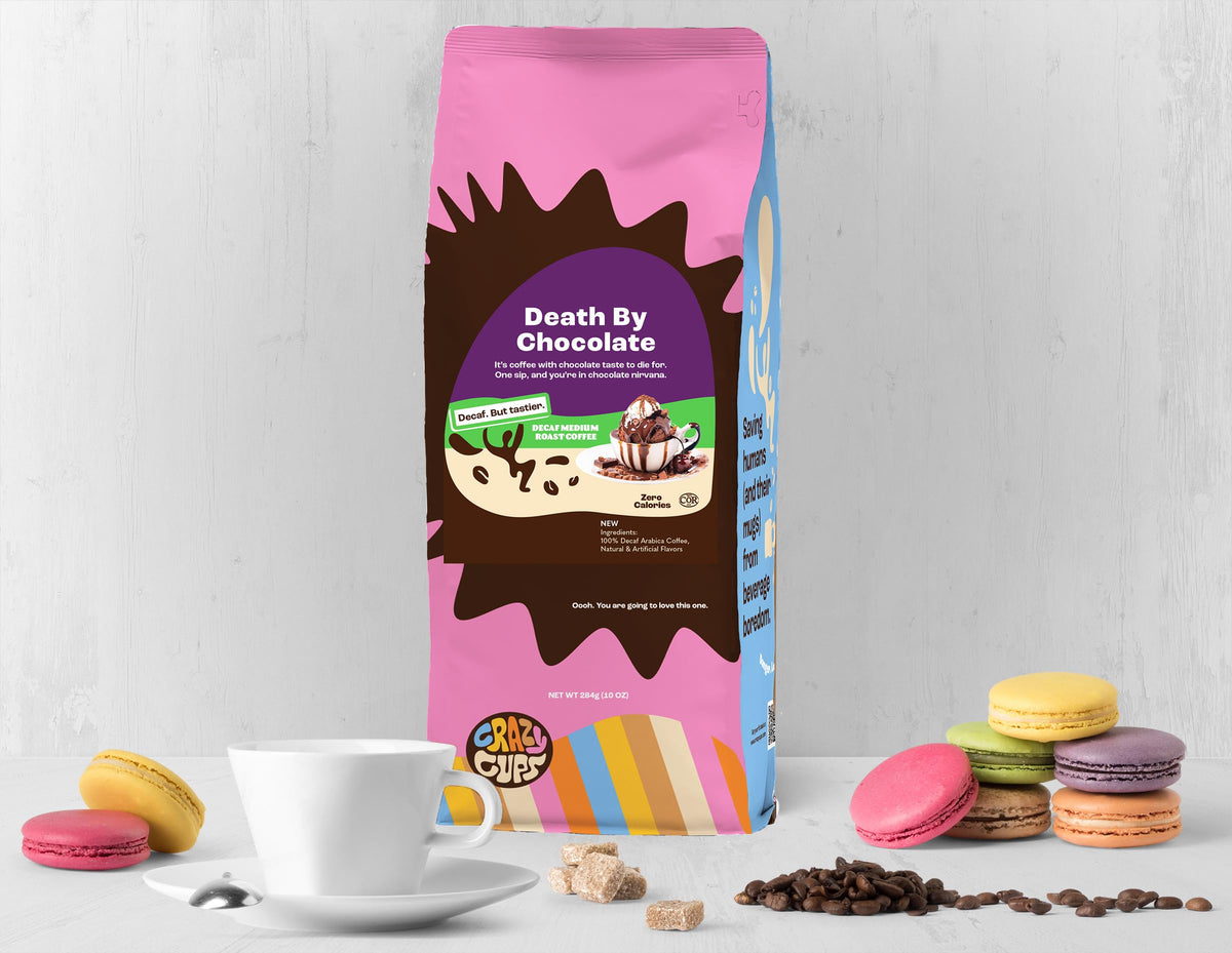 Crazy Cups flavored ground coffee being poured for bold aroma and taste