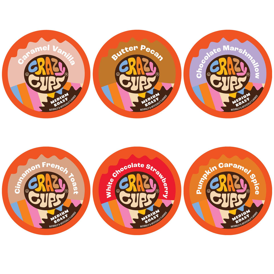 Crazy Cups flavored medium roast pod sampler for Keurig, ideal for discovering new flavors at home.