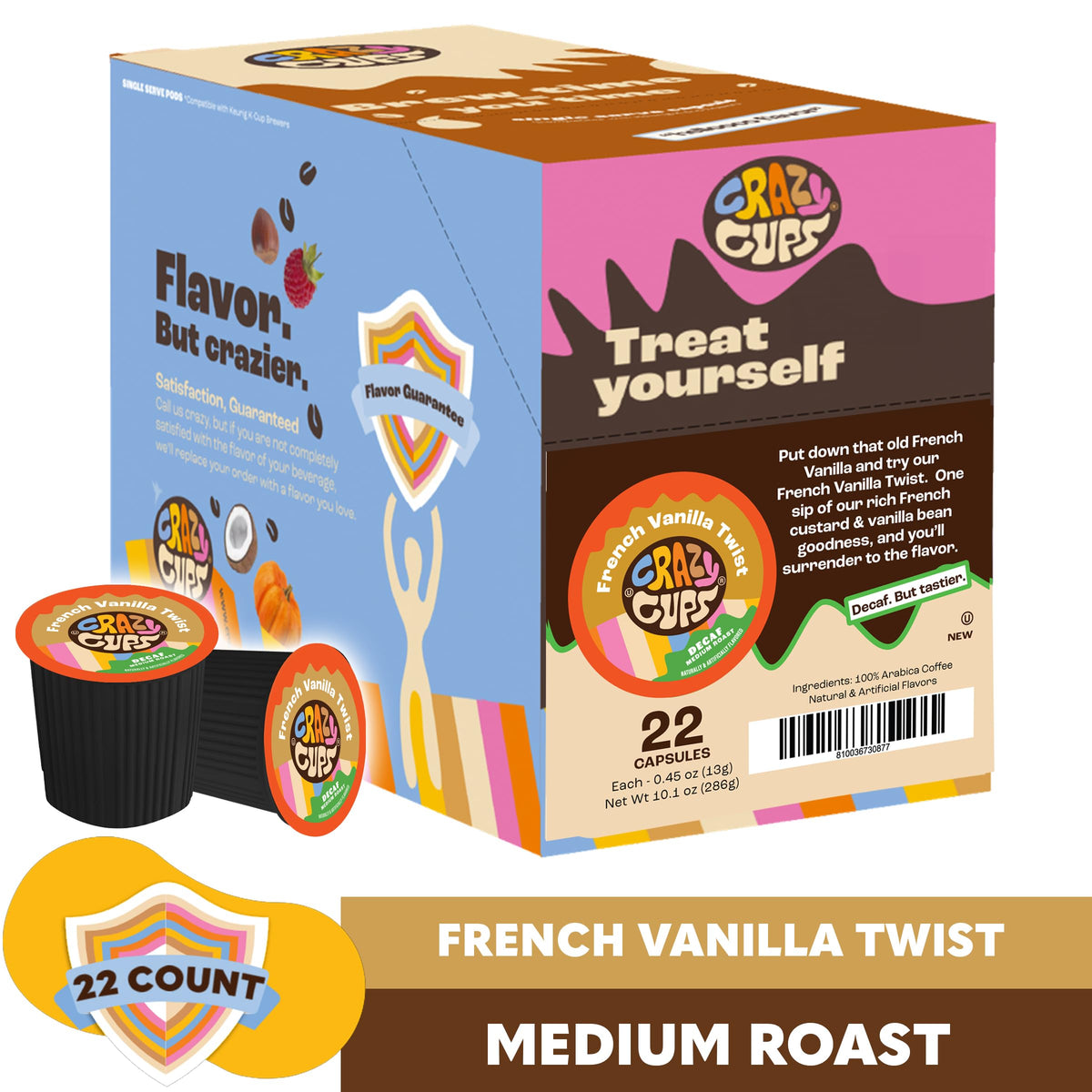 Crazy Cups French Vanilla Decaf Arabica beans deliver a balanced cup