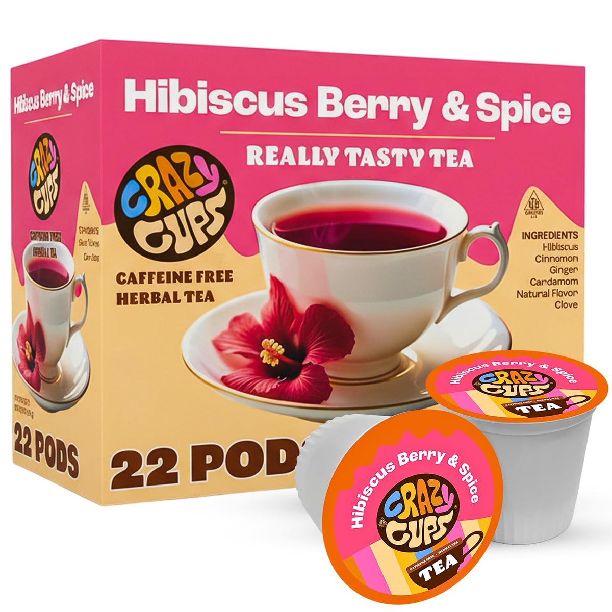 Crazy Cups hibiscus berry spice tea pods collection ready for quick, flavorful brews.