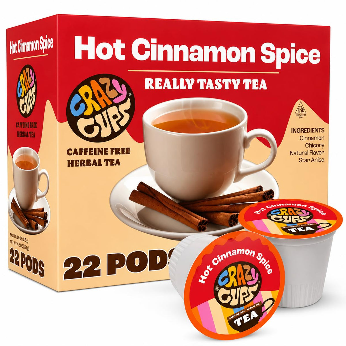 Crazy Cups hot cinnamon spice tea pods—22-count box for quick, flavorful mornings.