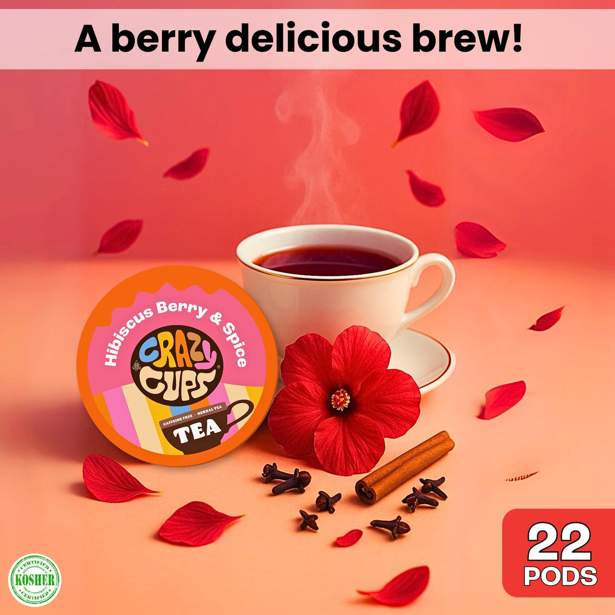 Hot cup of Crazy Cups hibiscus berry spice tea showcasing comforting aroma.