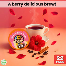 Hot cup of Crazy Cups hibiscus berry spice tea showcasing comforting aroma.