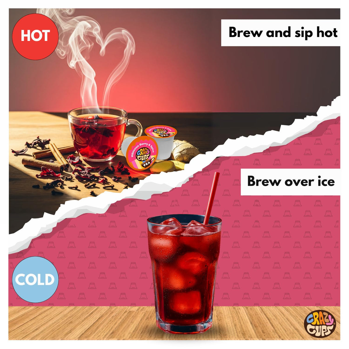 Iced Crazy Cups tea in a glass with berry-spice refreshment.