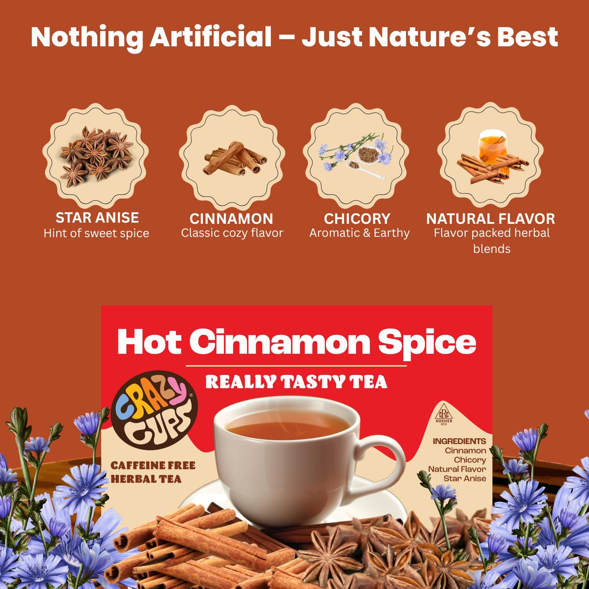 Crazy Cups K-Cup compatible pods for fast, mess-free spice flavor.