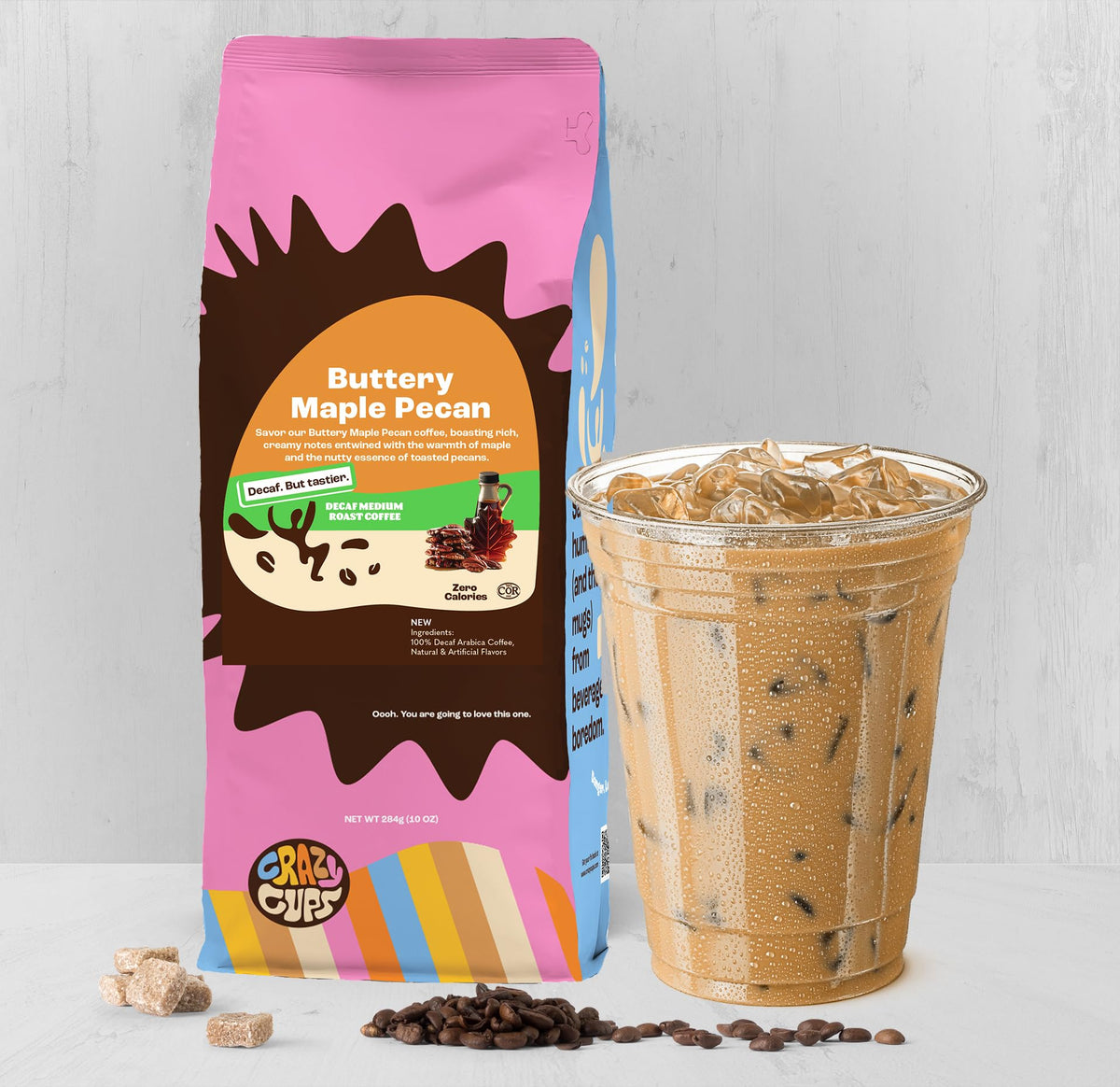 Crazy Cups maple pecan ground coffee label showing natural flavors and allergen-friendly promise.