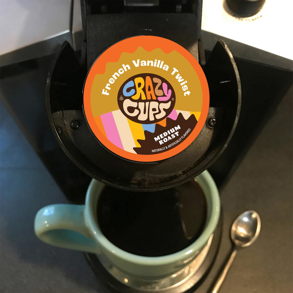 Vibrant Crazy Cups packaging suggests rich aromas and simple single-serve use.