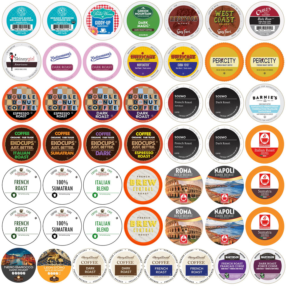 Crazy Cups Perfect Samplers dark roast pods, 50-count, convenient mixed-pack for Keurig brewers.