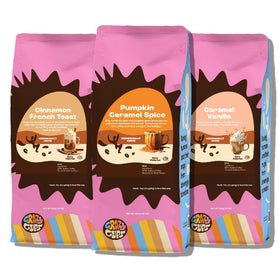 Crazy Cups Pumpkin Caramel Spice ground coffee bag with inviting autumn aroma for cozy mornings.