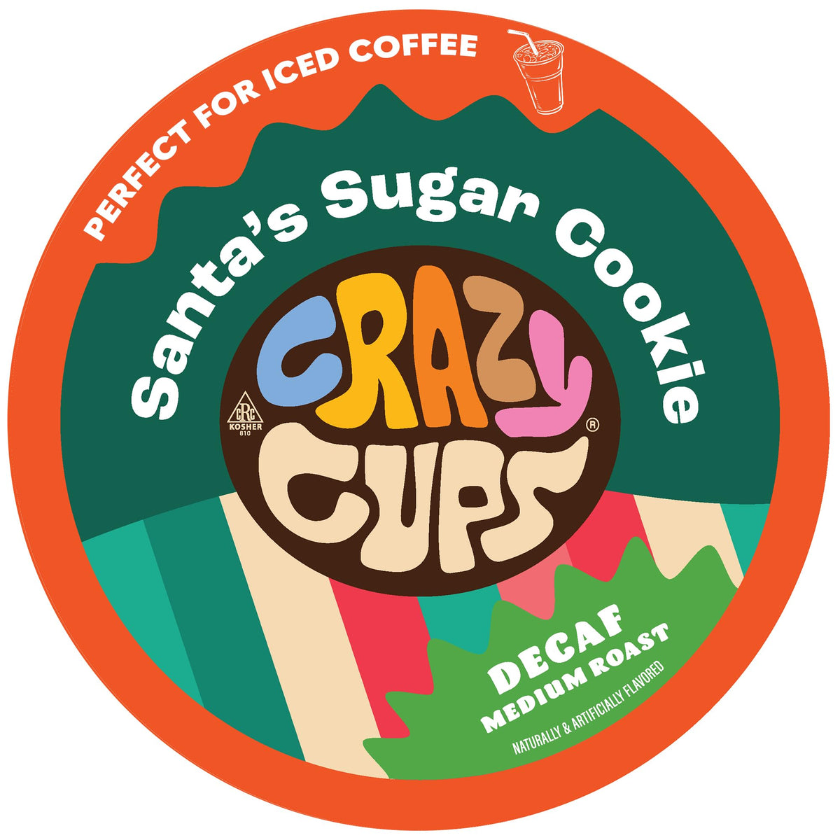 Crazy Cups Santa's Sugar Cookies Decaf 22ct box shows festive flavor for caffeine-free holidays.