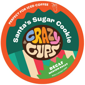 Crazy Cups Santa's Sugar Cookies Decaf 22ct box shows festive flavor for caffeine-free holidays.