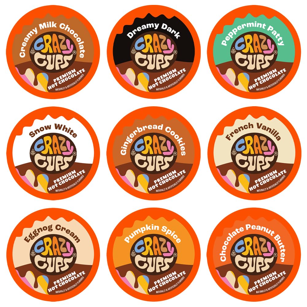 Crazy Cups seasonal variety display box showcases hot chocolate assortment for tastings and gifts.