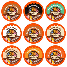 Crazy Cups seasonal variety display box showcases hot chocolate assortment for tastings and gifts.