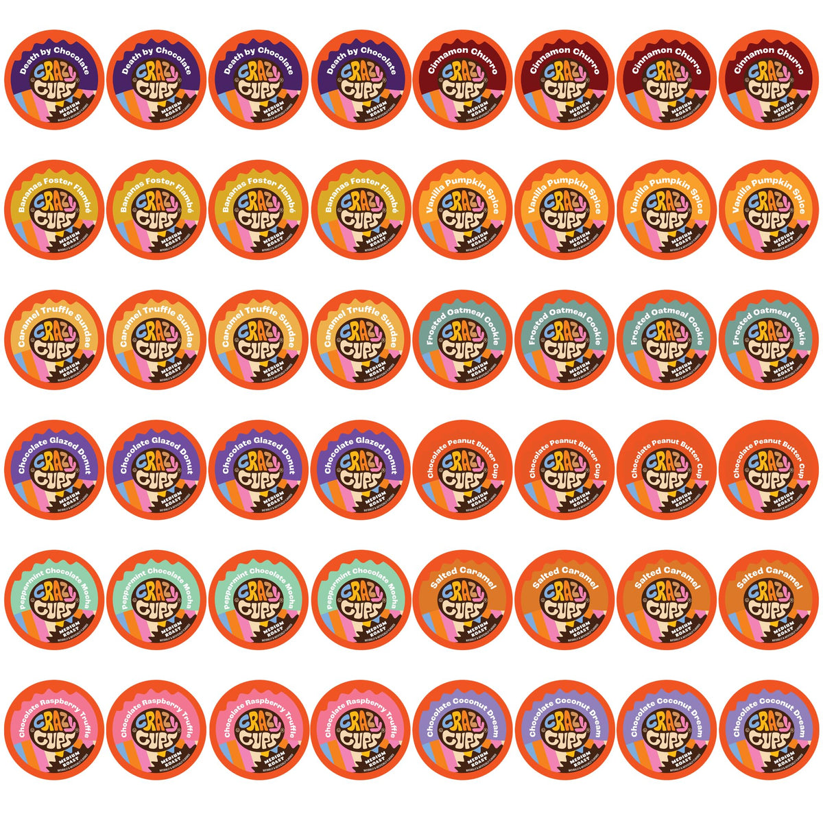 Crazy Cups variety pack box displaying all flavors for easy flavor exploration