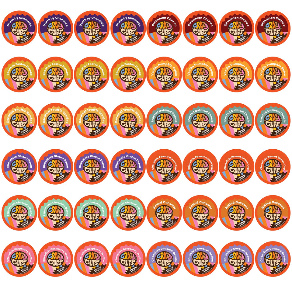 Crazy Cups variety pack box displaying all flavors for easy flavor exploration