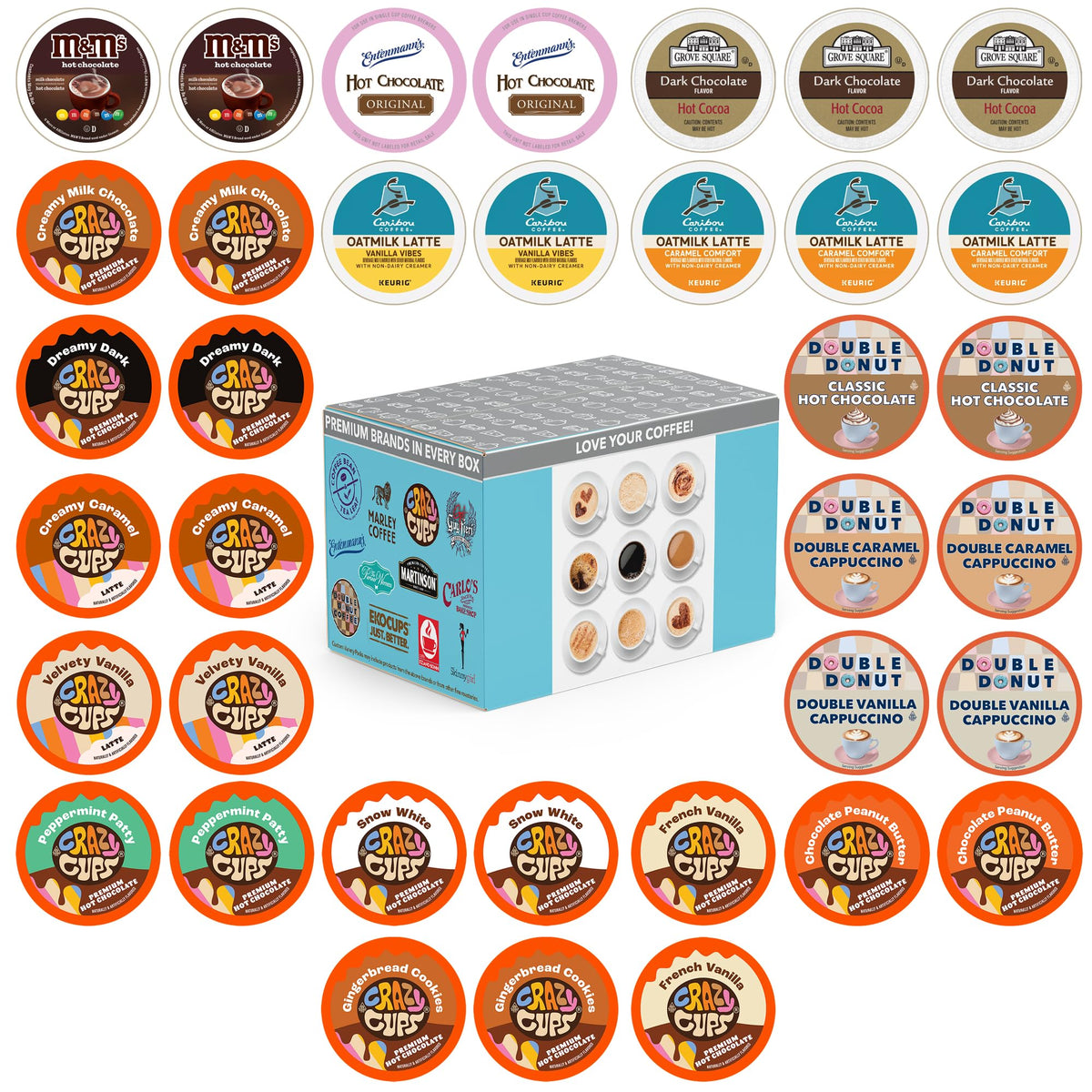 Crazy Cups variety pack cappuccino and hot chocolate K-Cup assortment for Keurig brewers, ideal for quick indulgence.