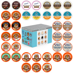Crazy Cups variety pack cappuccino and hot chocolate K-Cup assortment for Keurig brewers, ideal for quick indulgence.