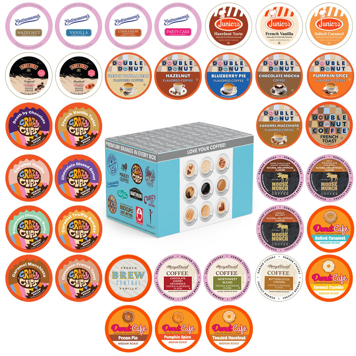 Crazy Cups variety pack on box front, ready for quick Keurig flavor exploration.