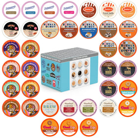 Crazy Cups variety pack on box front, ready for quick Keurig flavor exploration.