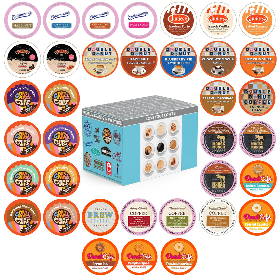 Crazy Cups variety pack on box front, ready for quick Keurig flavor exploration.