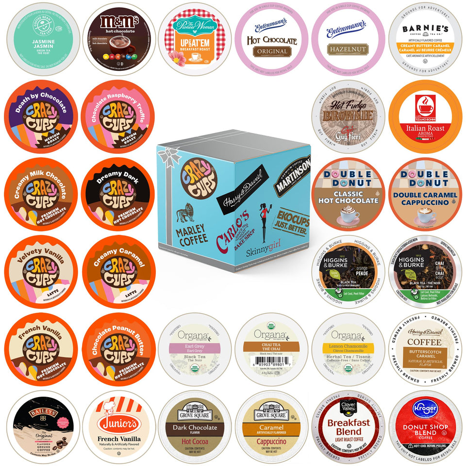 Crazy Cups variety-pack assortment for daily flavor exploration with coffee, tea, cocoa and cappuccino.