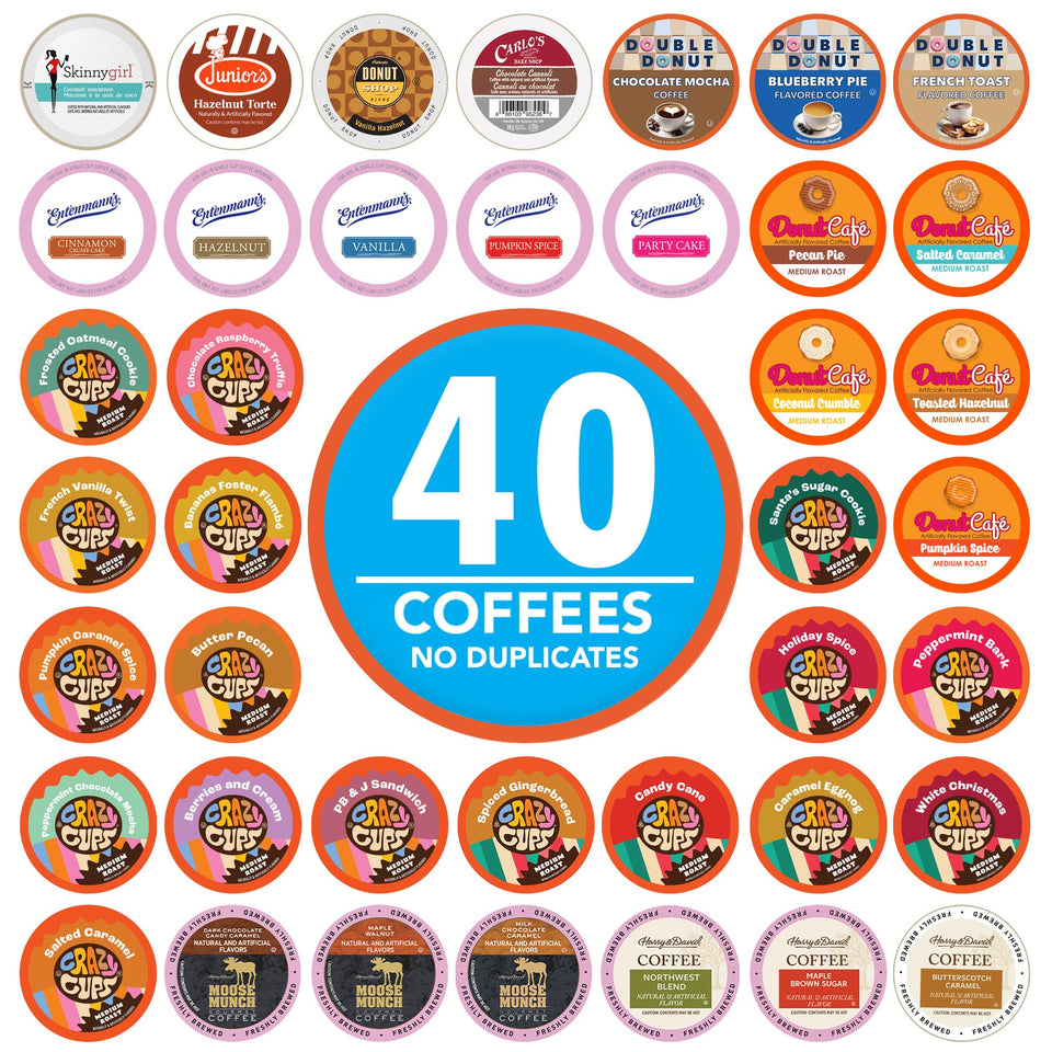 Crazy Cups variety pack flavors displayed for Keurig brewers, offering a wide tasting lineup.
