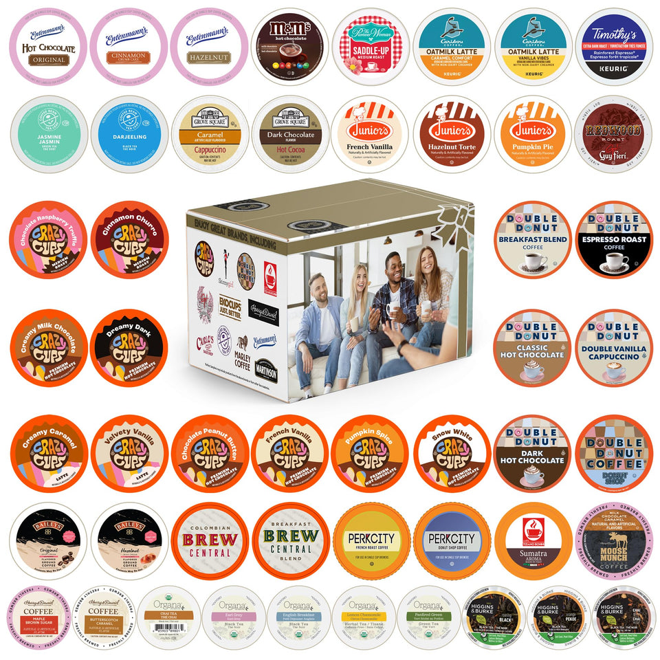 Crazy Cups variety-pack holiday coffee display for cozy mornings