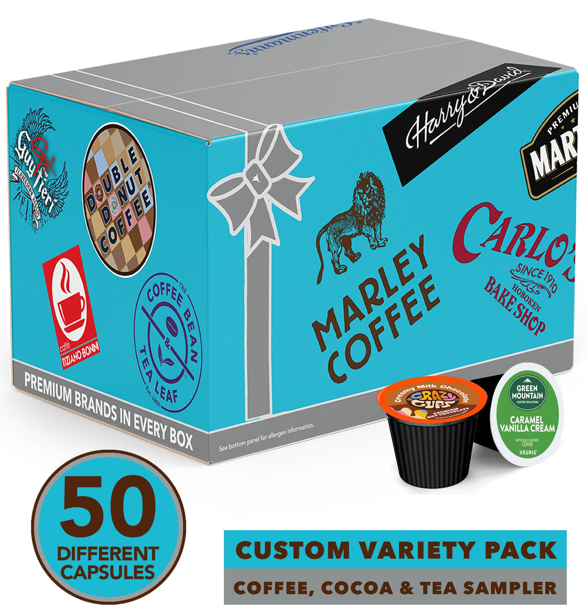 Assorted Crazy Cups pods show coffee, tea, and hot chocolate flavors