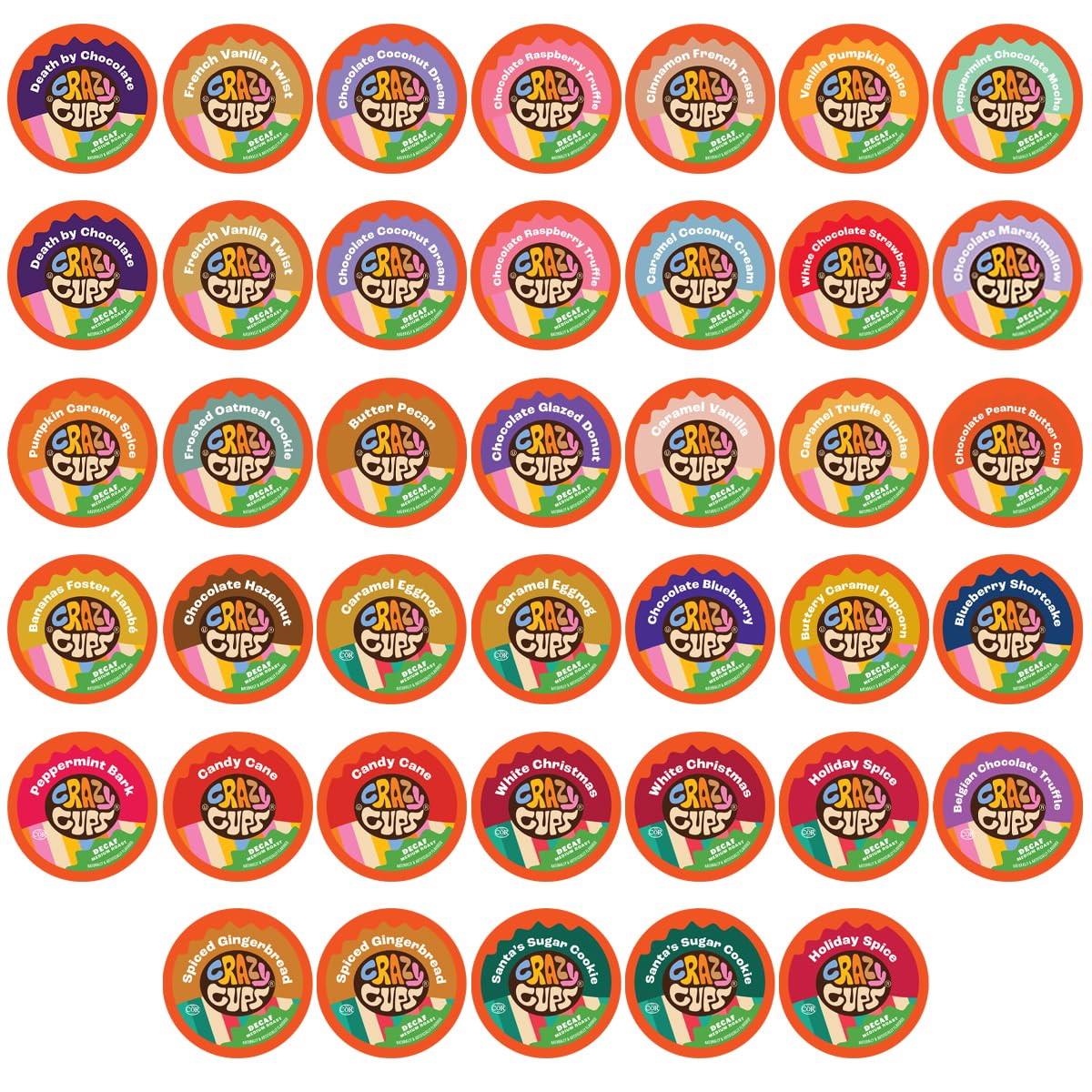 Crazy Cups variety pack sampler displaying multiple decaf flavors for flexible mornings.