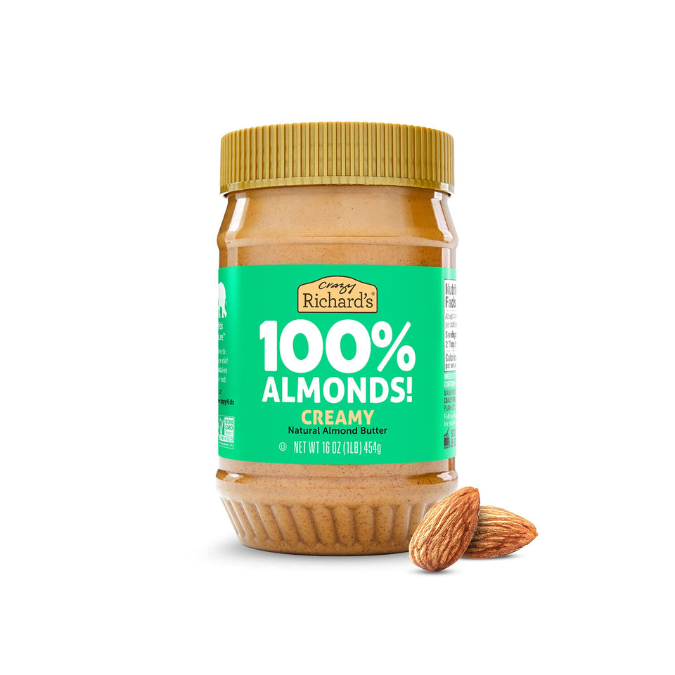 Crazy Richard's almond butter jar with creamy spread, ideal for toast and smoothies.
