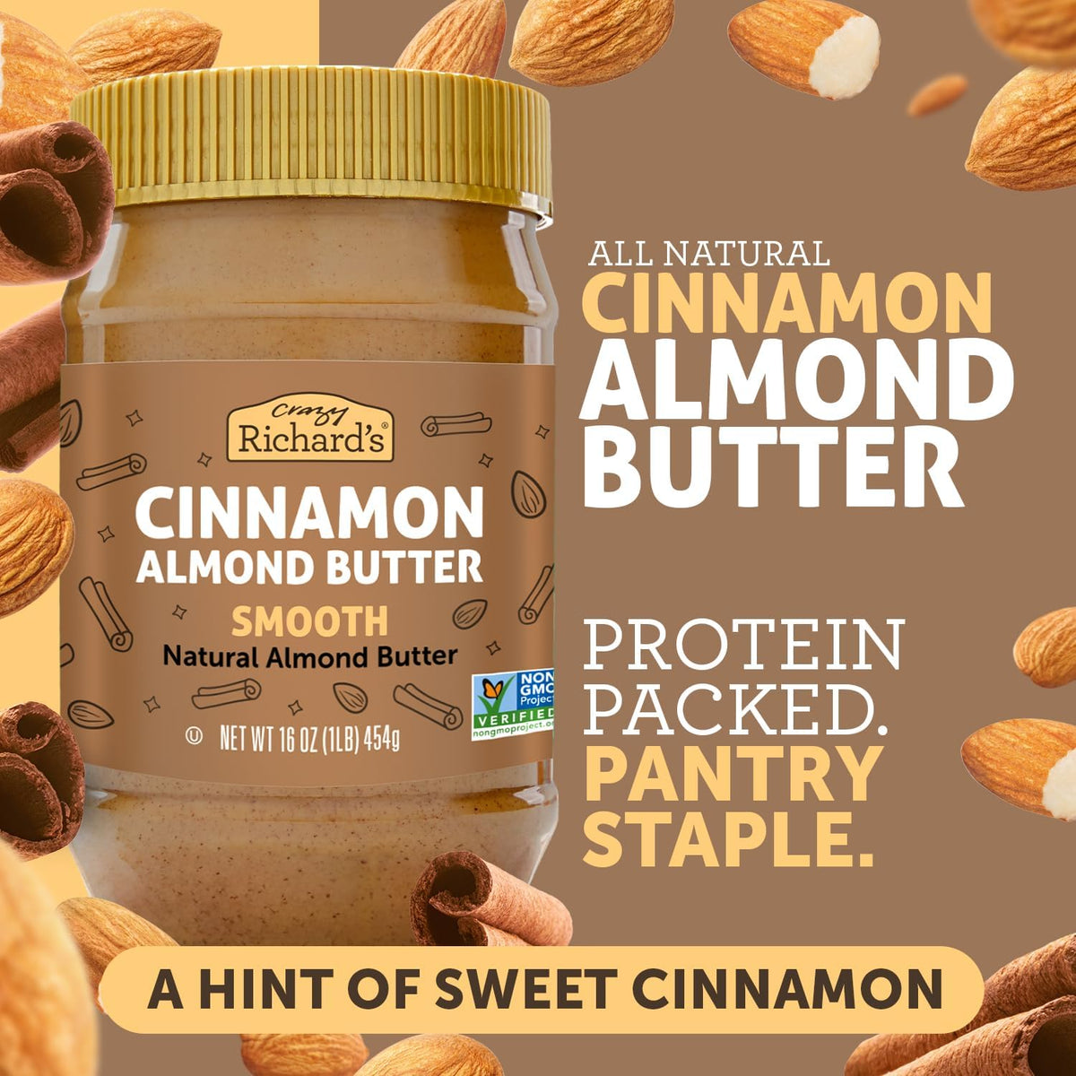 Crazy Richard's Cinnamon Almond Butter label with four simple ingredients visible.