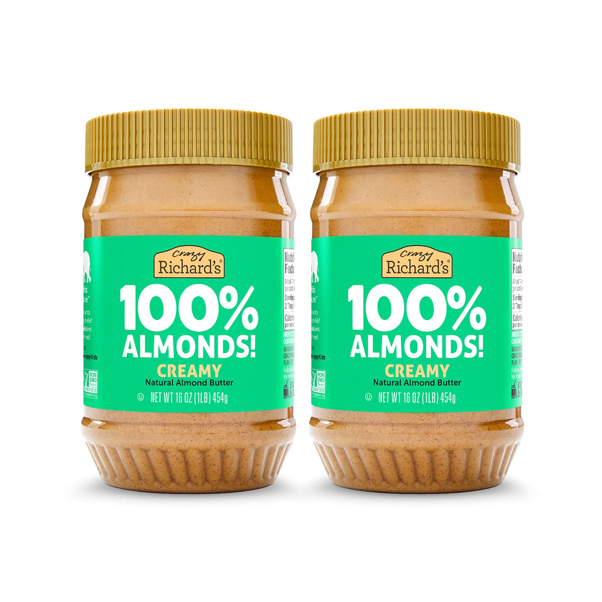 Crazy Richard's creamy almond butter jar, showcasing 100% almonds, ideal for spreading on toast.