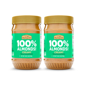 Crazy Richard's creamy almond butter jar, showcasing 100% almonds, ideal for spreading on toast.