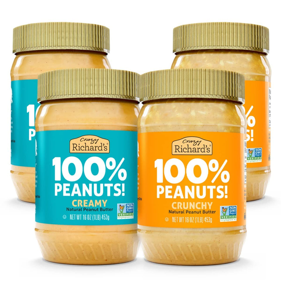 Crazy Richard's creamy peanut butter jar shows a smooth texture ideal for spreading