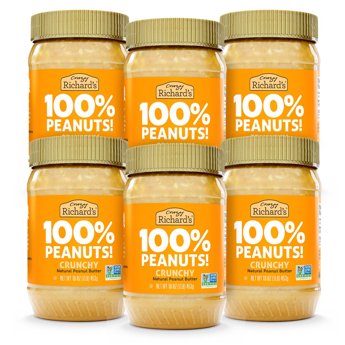Crazy Richard's crunchy peanut butter jar close-up showing natural texture and rich peanut content.