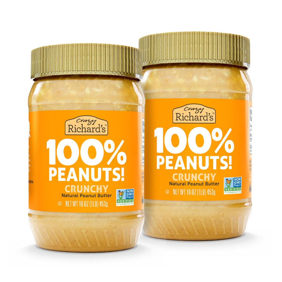 Crazy Richard's crunchy peanut butter jar showcases texture and natural ingredients.