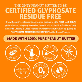 Kosher-certified, BPA-free, gluten-free badge on Crazy Richard's packaging.