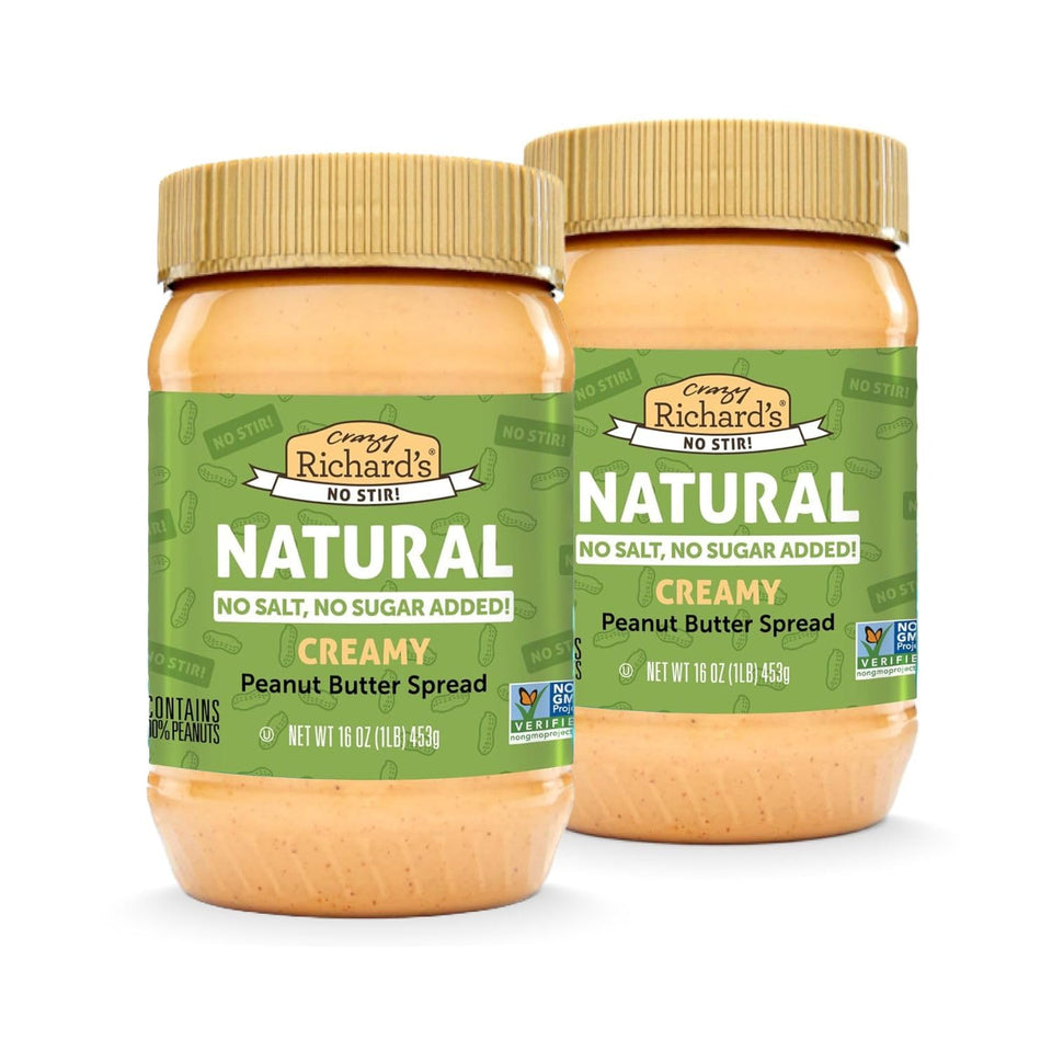 Crazy Richard's Creamy No Stir Peanut Butter jar showing smooth, easy spreading.