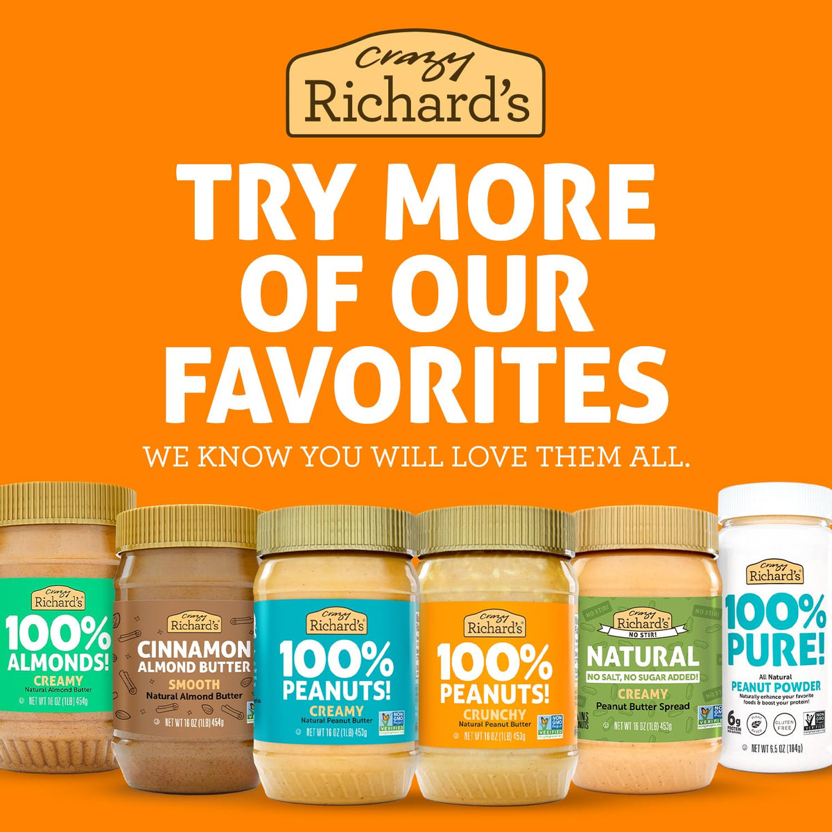 Six-pack Crazy Richard's peanut butter packaging in a kitchen.