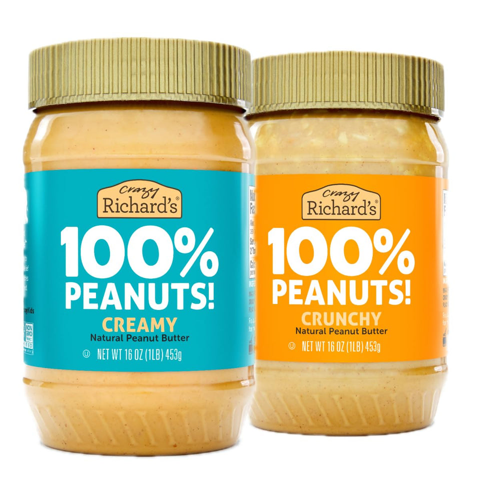 Crazy Richard's creamy peanut butter jar with a smooth texture for toast and smoothies