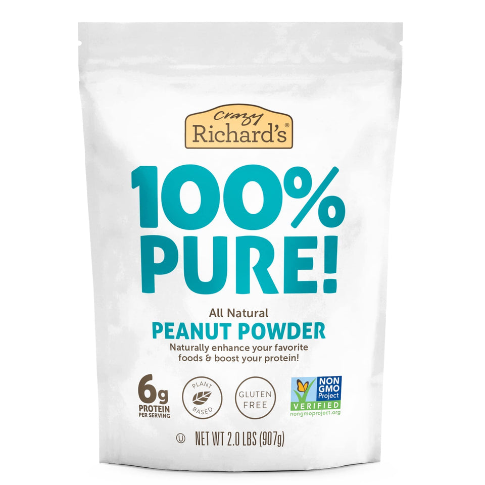 Crazy Richard's peanut butter powder bag front, a convenient pantry staple.