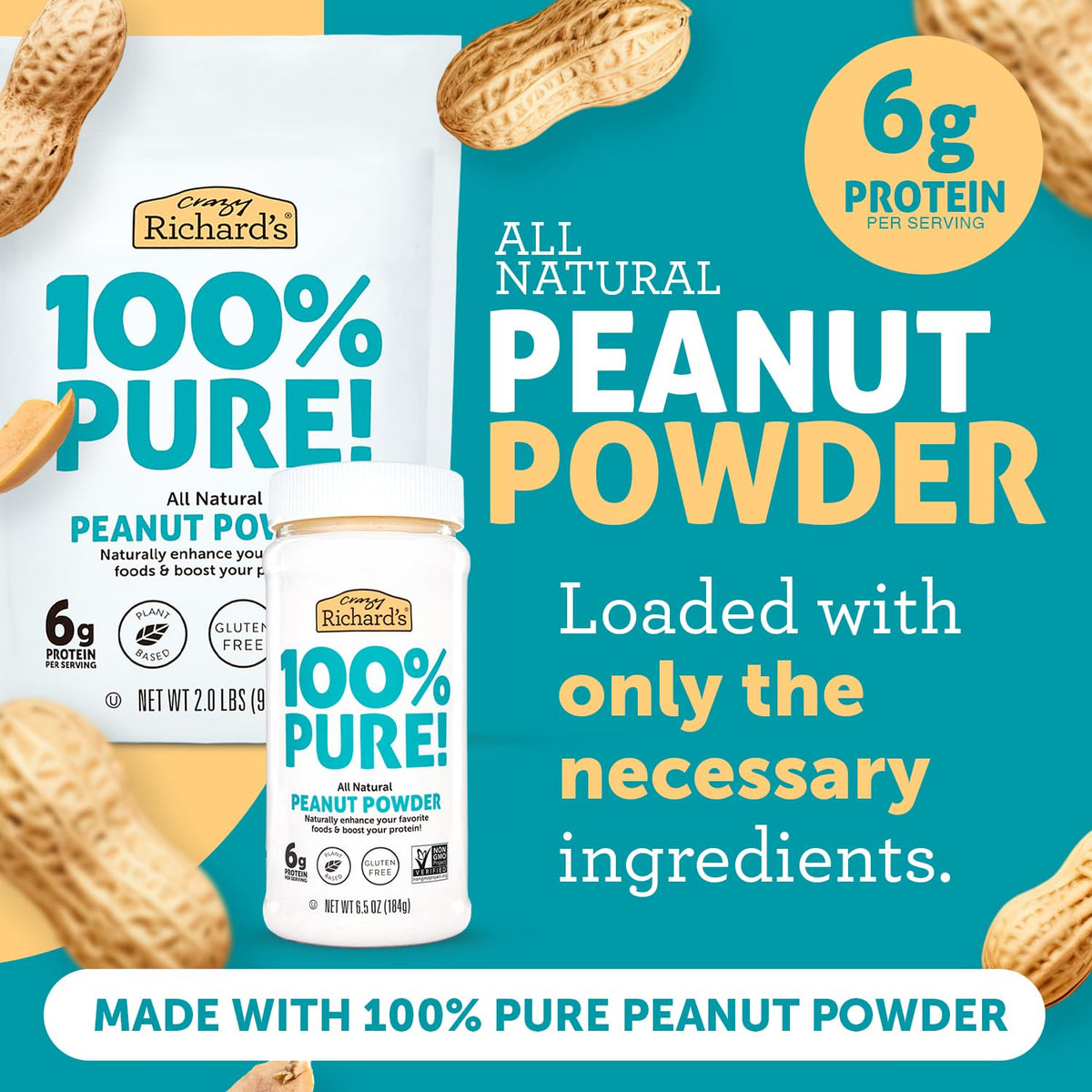 Close-up texture of Crazy Richard's peanut butter powder for versatile use.